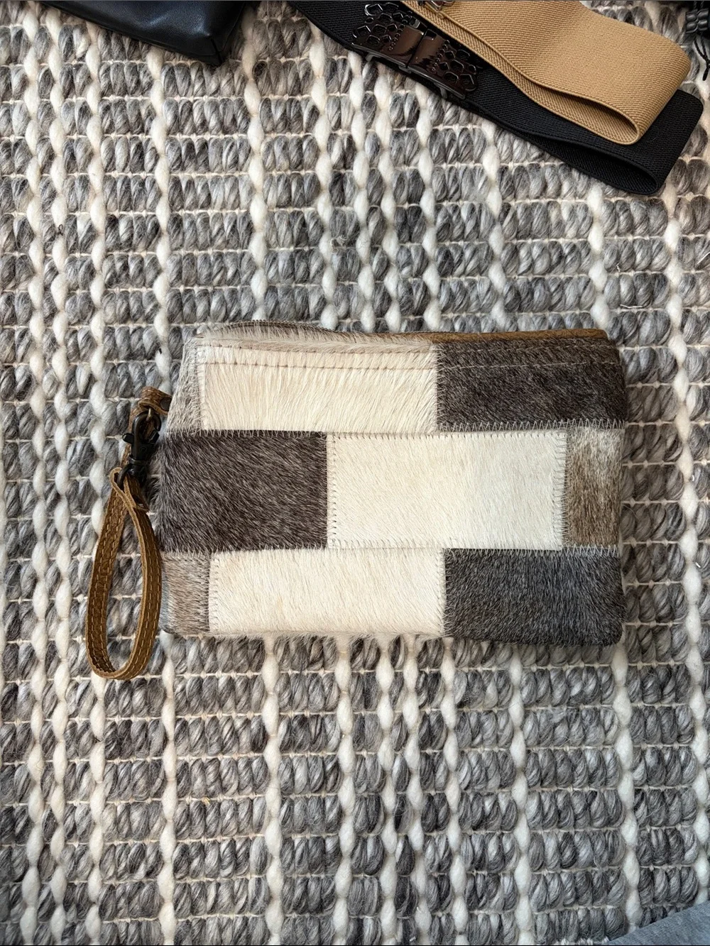 Myra Bag Patchwork Hair-On Leather Wristlet Clutch in Cream and Brown